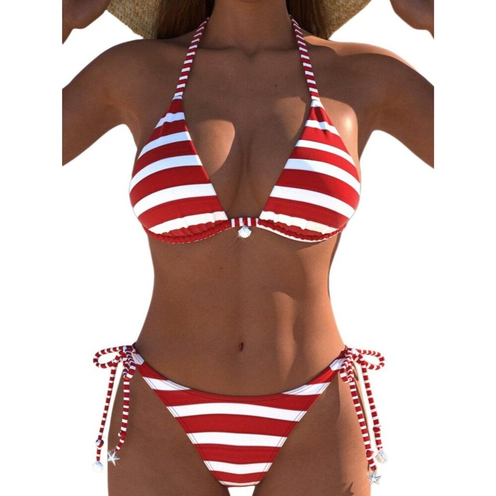 Womens Lace Up Back Bikini Sets, V-Neck Triangle Top with String Low-Waisted S